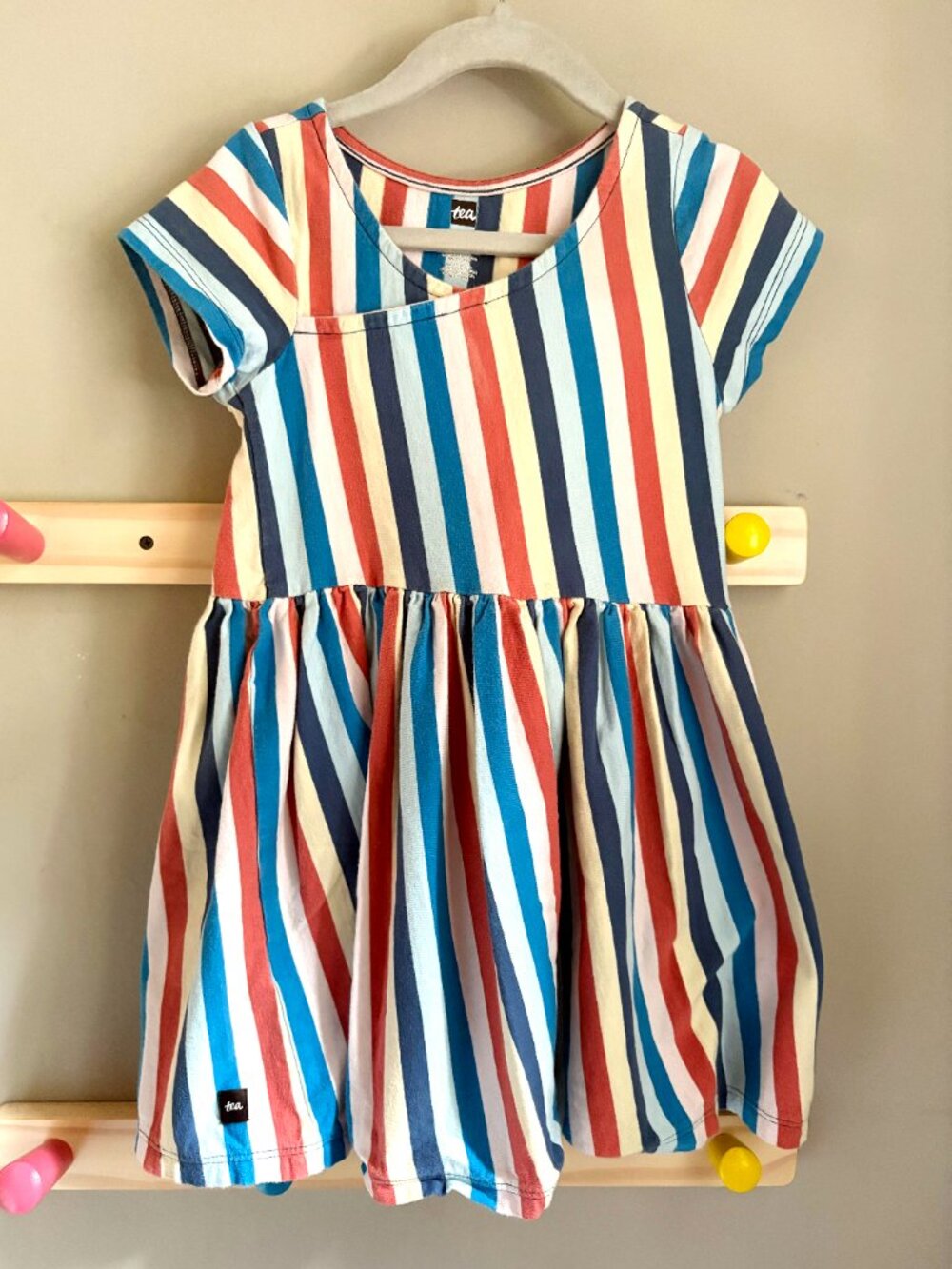 Tea Collection Short Sleeve Faux Wrap Neck Dress in Fall Palette Stripes